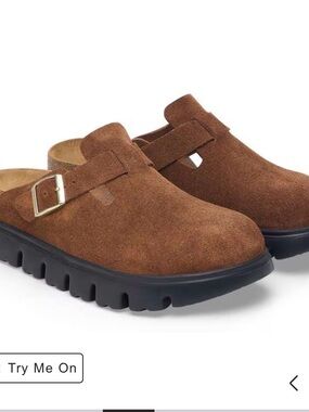 Birkenstock Boston Chunky Brown Suede Clog Mule with Buckle